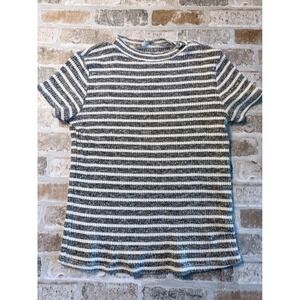 Maddie Womens Grey White Striped Ribbed Knit Mock Neck Short Sleeve Top XL